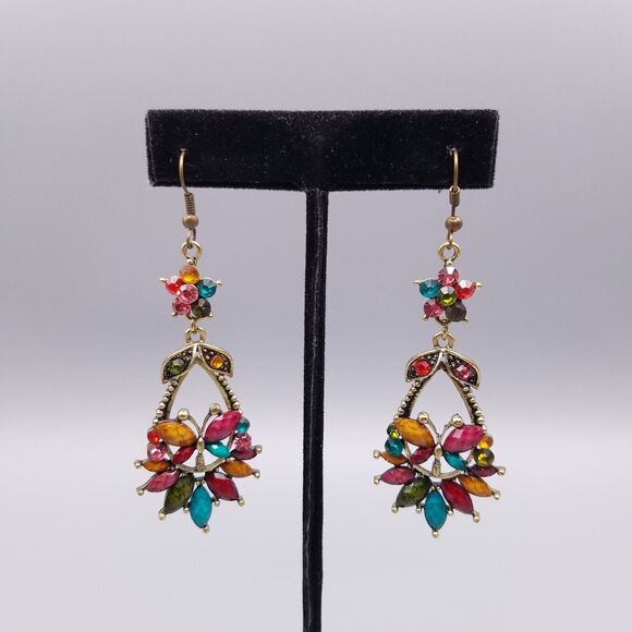 Chandelier Earrings Butterfly Brass Tone Multicolor Beads Rhinestones Pierced - Picture 3 of 6